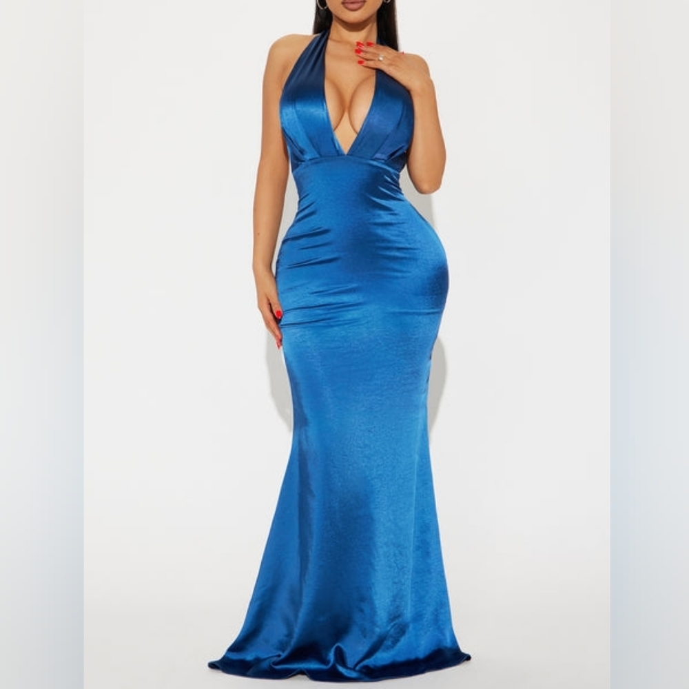 fashion nova seleste satin gown NWT blue